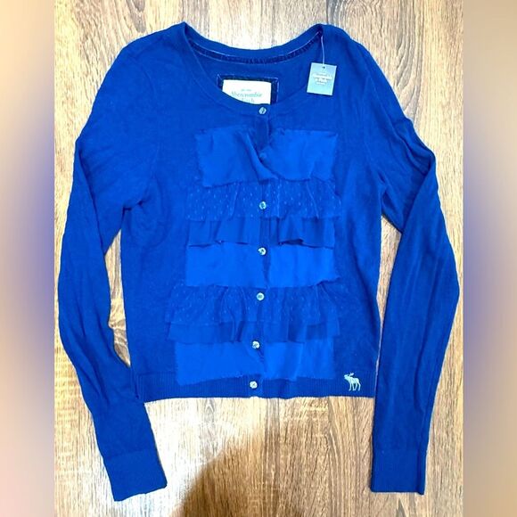 Y2K Abercrombie & Fitch Blue Ruffle Sweater Cardigan Womens large NWT Giftable - Picture 1 of 8